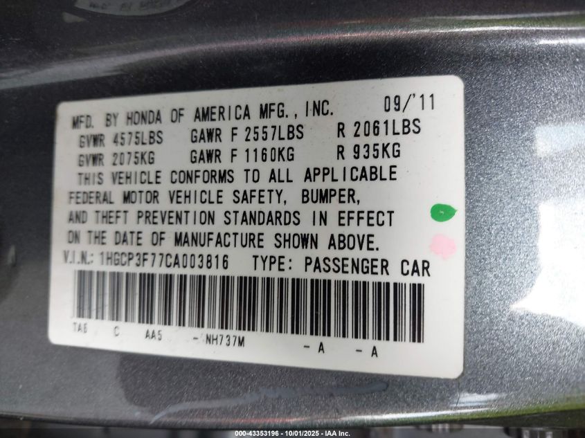 2012 Honda Accord 3.5 Ex VIN: 1HGCP3F77CA003816 Lot: 43353196