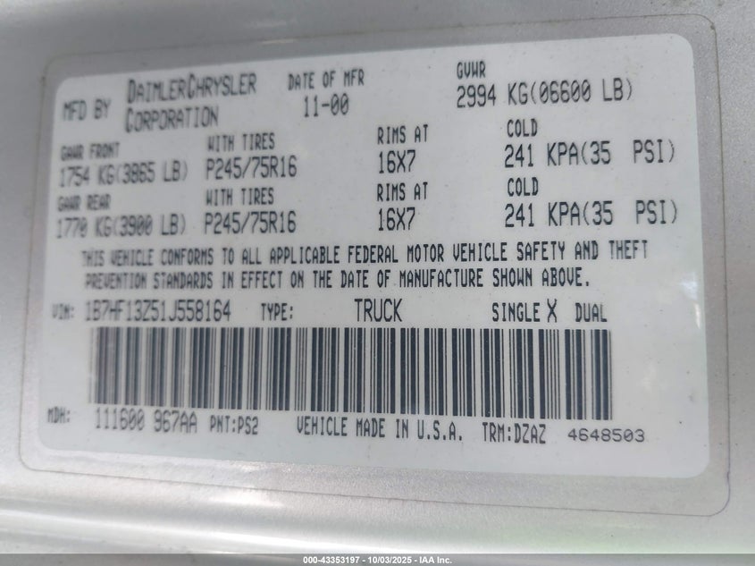 2001 Dodge Ram 1500 St VIN: 1B7HF13Z51J558164 Lot: 43353197