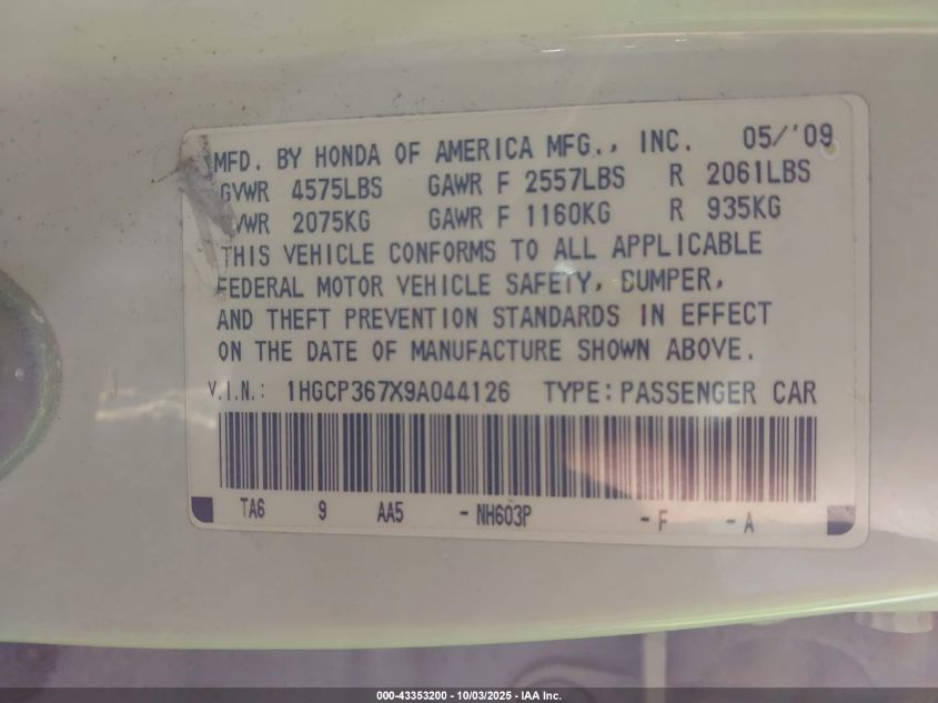 2009 Honda Accord 3.5 Ex VIN: 1HGCP367X9A044126 Lot: 43353200