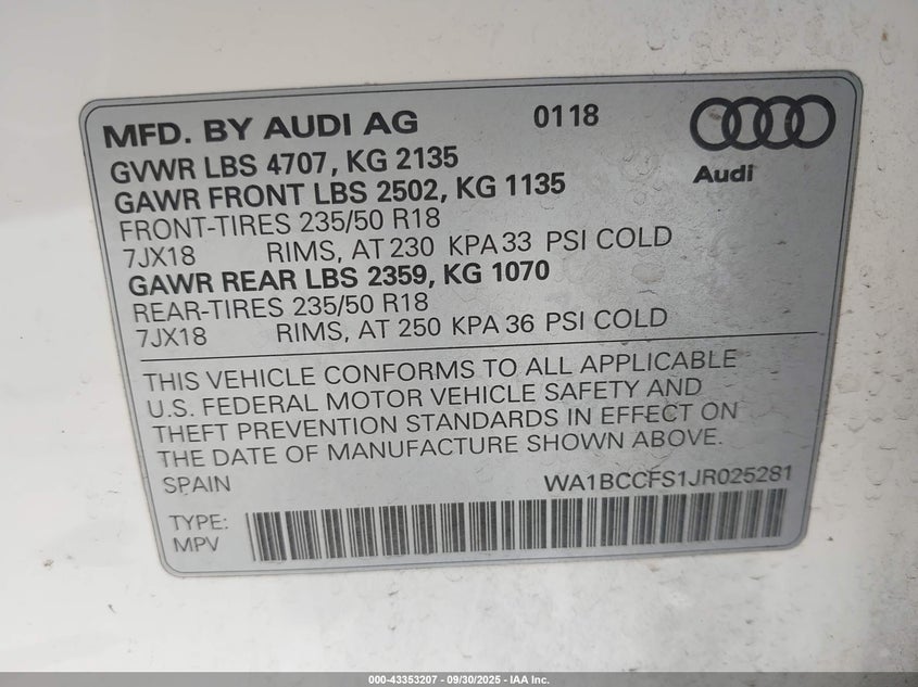 VIN WA1BCCFS1JR025281 2018 AUDI Q3 2.0T PREMIUM/2.0T SPORT PREMIUM