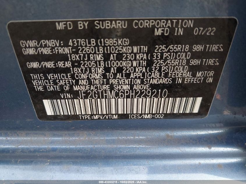 2023 Subaru Crosstrek Limited VIN: JF2GTHMC6PH229210 Lot: 43353215