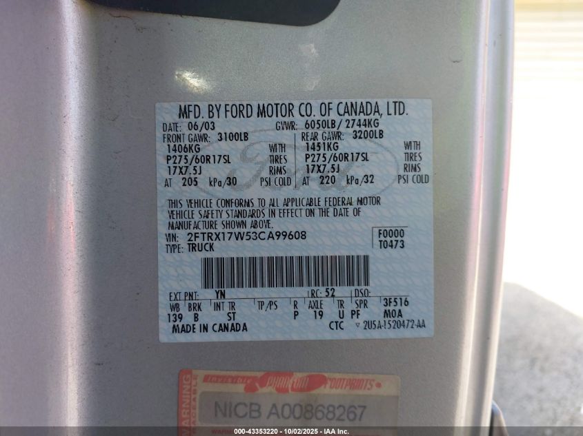 2003 Ford F-150 Lariat/Xl/Xlt VIN: 2FTRX17W53CA99608 Lot: 43353220