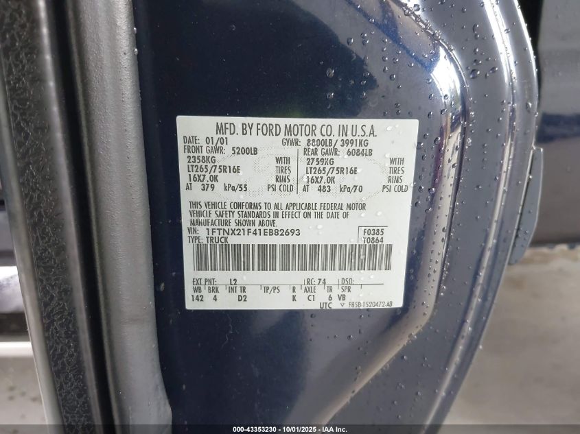 2001 Ford F-250 Lariat/Xl/Xlt VIN: 1FTNX21F41EB82693 Lot: 43353230