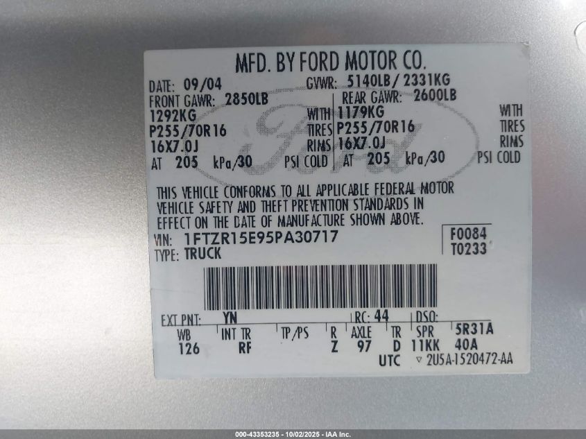 2005 Ford Ranger Edge/Xl/Xlt VIN: 1FTZR15E95PA30717 Lot: 43353235