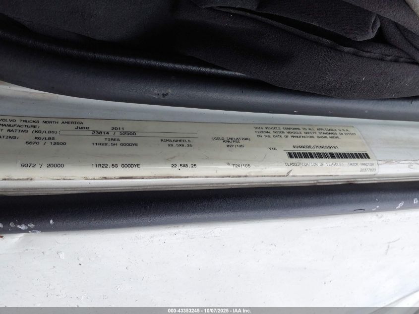 2012 Volvo Vn Vnl VIN: 4V4NC9EJ7CN539181 Lot: 43353245