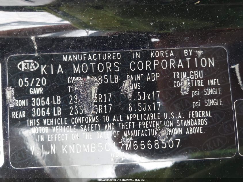 2021 Kia Sedona Lx VIN: KNDMB5C17M6668507 Lot: 43353253