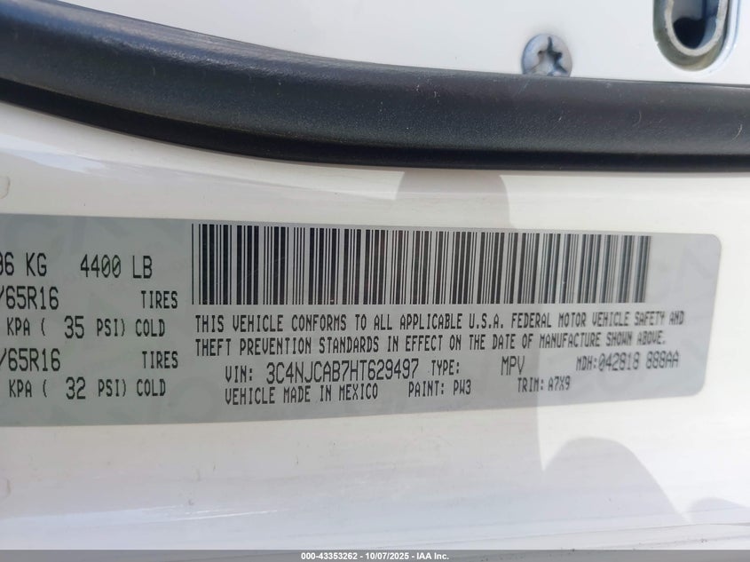 2017 Jeep New Compass Sport Fwd VIN: 3C4NJCAB7HT629497 Lot: 43353262