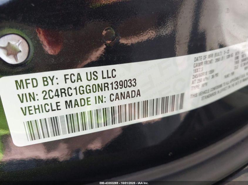 2022 Chrysler Pacifica Limited VIN: 2C4RC1GG0NR139033 Lot: 43353269