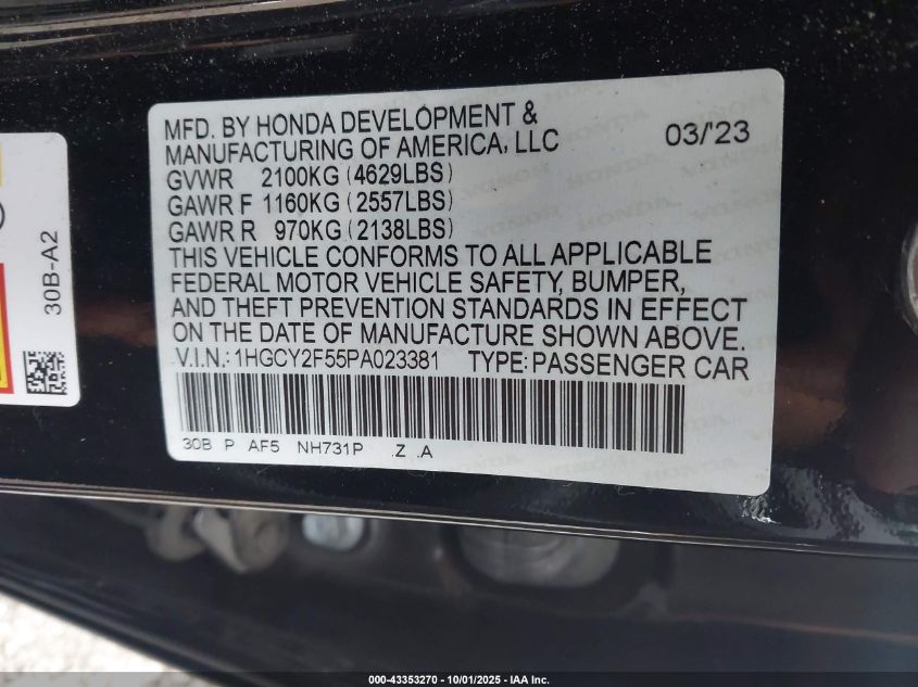 2023 Honda Accord Hybrid Sport VIN: 1HGCY2F55PA023381 Lot: 43353270