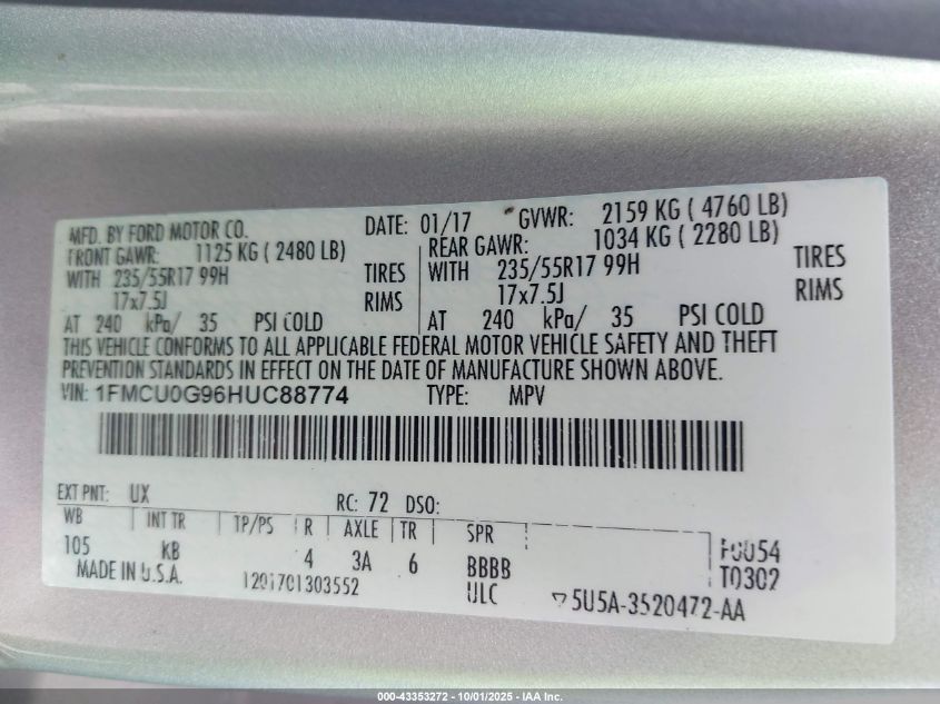 2017 Ford Escape Se VIN: 1FMCU0G96HUC88774 Lot: 43353272