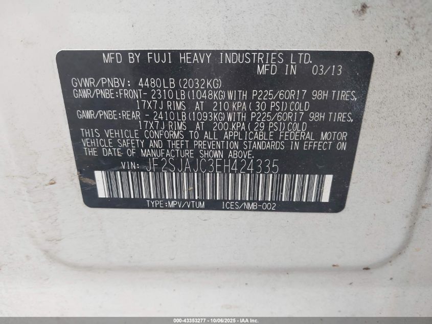 2014 Subaru Forester 2.5I Limited VIN: JF2SJAJC3EH424335 Lot: 43353277