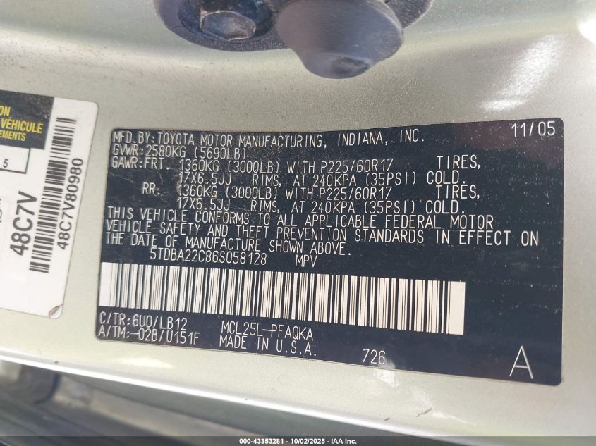 2006 Toyota Sienna Xle Limited VIN: 5TDBA22C86S058128 Lot: 43353281