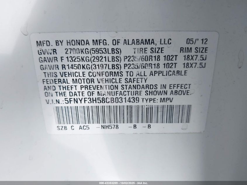 2012 Honda Pilot Ex-L VIN: 5FNYF3H58CB031439 Lot: 43353289