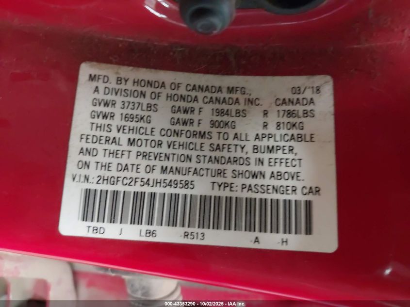 2018 Honda Civic Lx VIN: 2HGFC2F54JH549585 Lot: 43353290