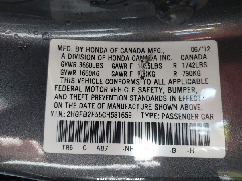 2012 Honda Civic Lx VIN: 2HGFB2F55CH581659 Lot: 43353302