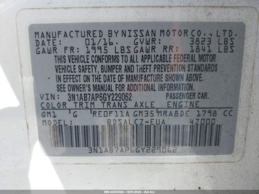 2016 Nissan Sentra Fe+ S VIN: 3N1AB7AP6GY229062 Lot: 43353304