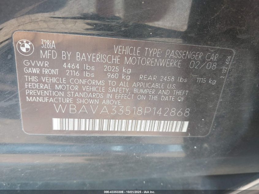 2008 BMW 328I VIN: WBAVA33518P142868 Lot: 43353306