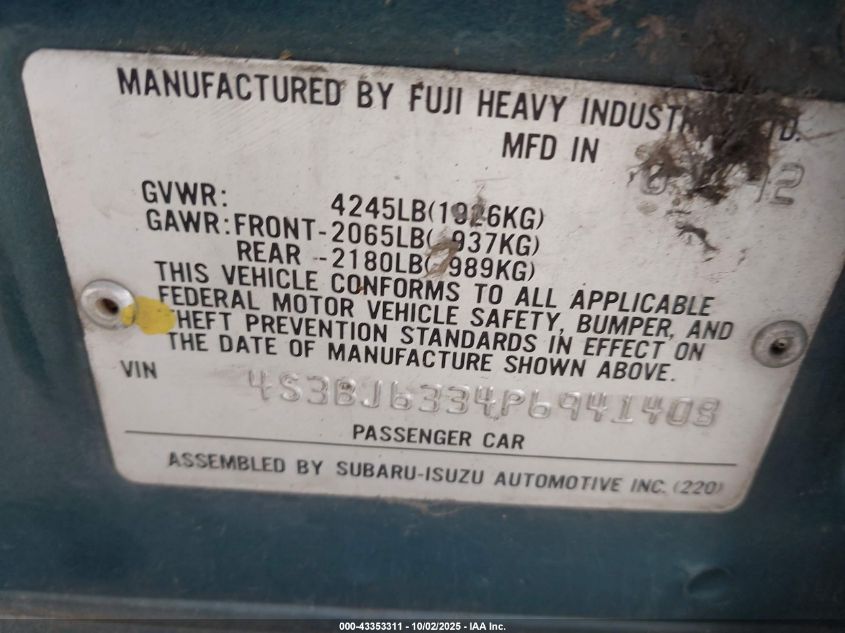1993 Subaru Legacy L VIN: 4S3BJ6334P6941408 Lot: 43353311