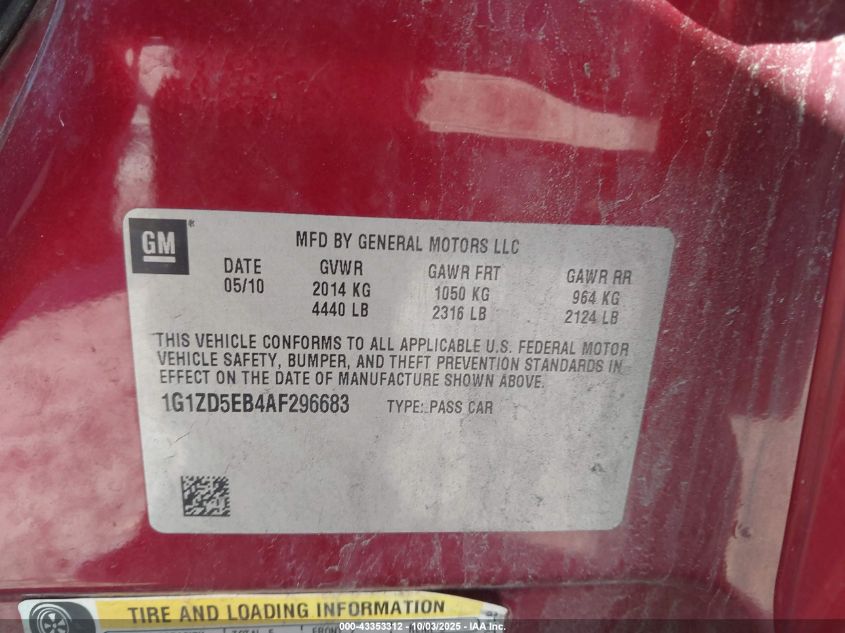 2010 Chevrolet Malibu Lt VIN: 1G1ZD5EB4AF296683 Lot: 43353312