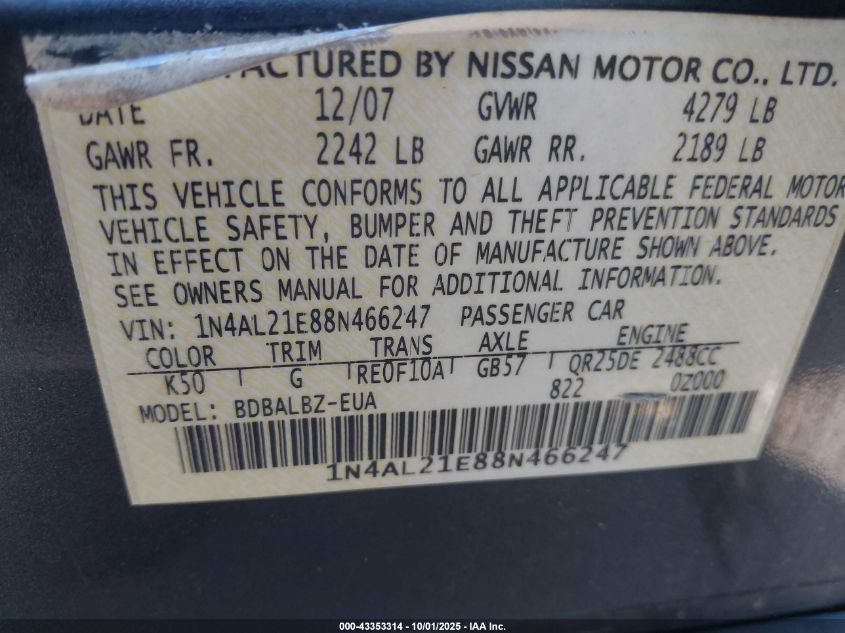 2008 Nissan Altima 2.5 S VIN: 1N4AL21E88N466247 Lot: 43353314