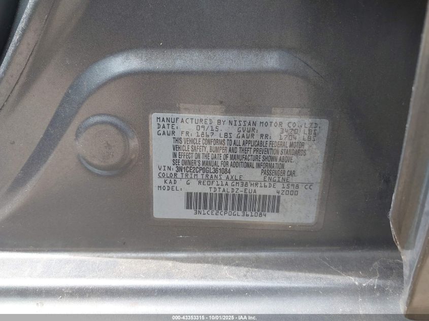 2016 Nissan Versa Note VIN: 3N1CE2CP0GL361084 Lot: 43353315