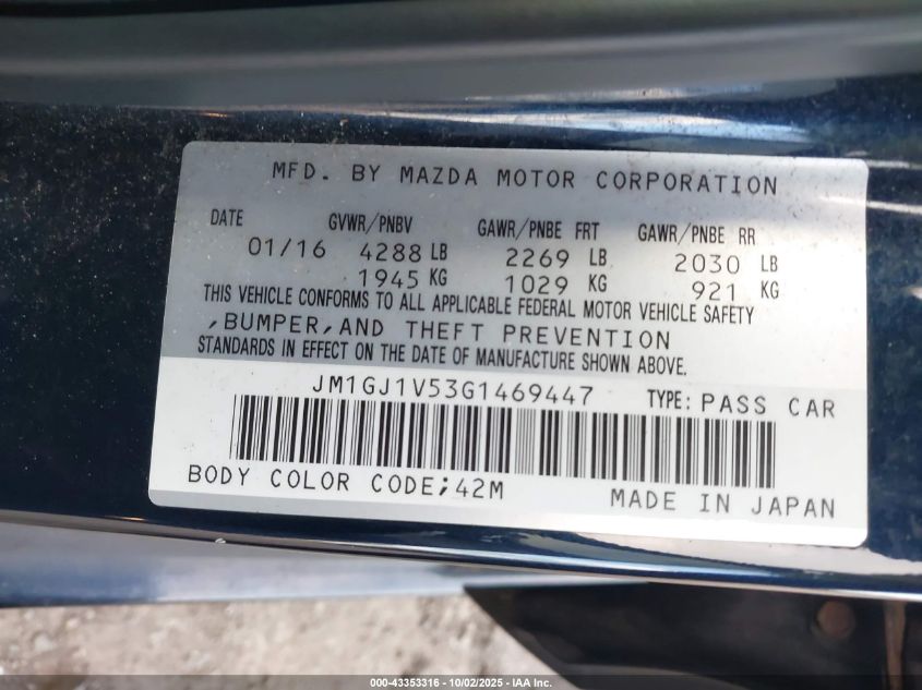 2016 Mazda Mazda6 I Touring VIN: JM1GJ1V53G1469447 Lot: 43353316