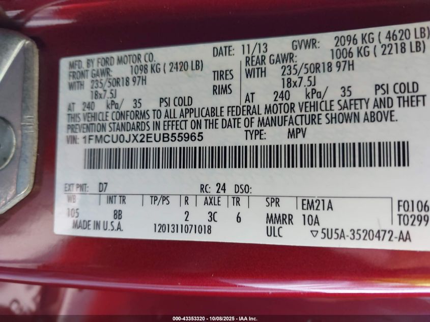 2014 Ford Escape Titanium VIN: 1FMCU0JX2EUB55965 Lot: 43353320