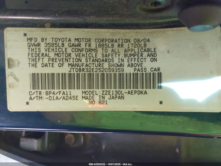 2005 Toyota Corolla Ce VIN: JTDBR32E252059359 Lot: 43353322