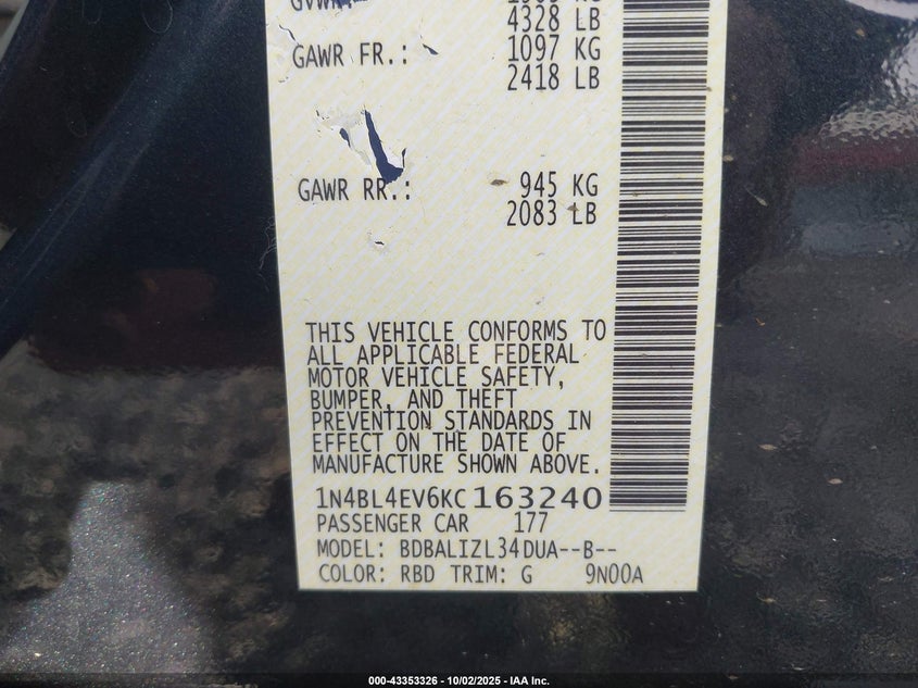 2019 Nissan Altima 2.5 Sl VIN: 1N4BL4EV6KC163240 Lot: 43353326