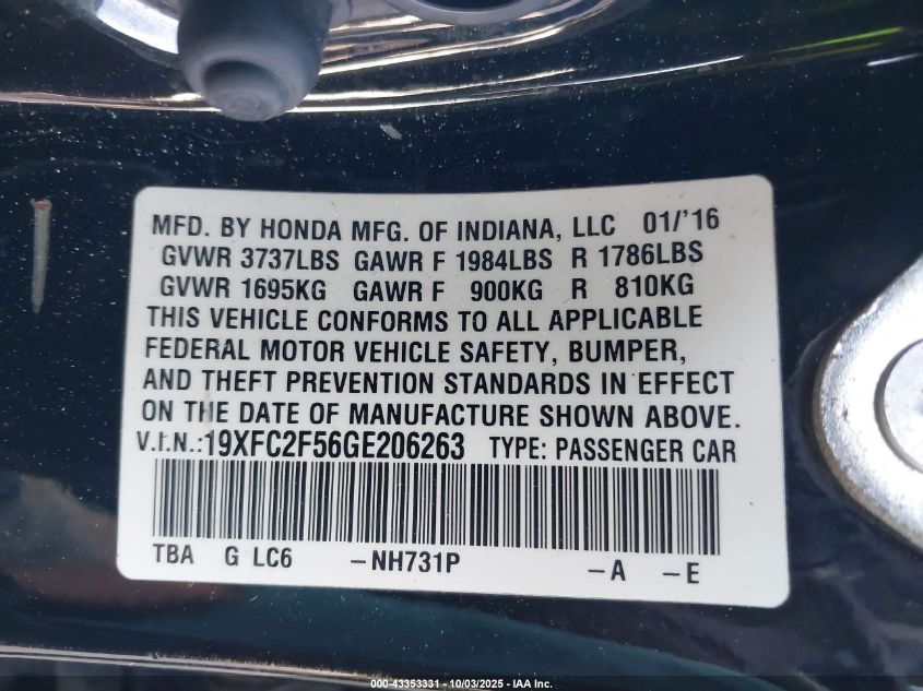 2016 Honda Civic Lx VIN: 19XFC2F56GE206263 Lot: 43353331