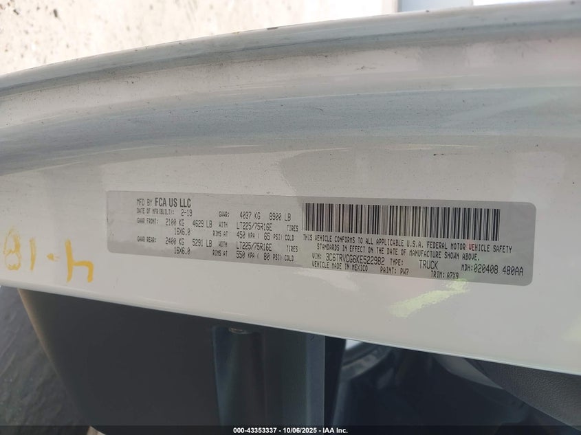 2019 RAM PROMASTER 2500 HIGH ROOF 136 WB 3C6TRVCG6KE522982