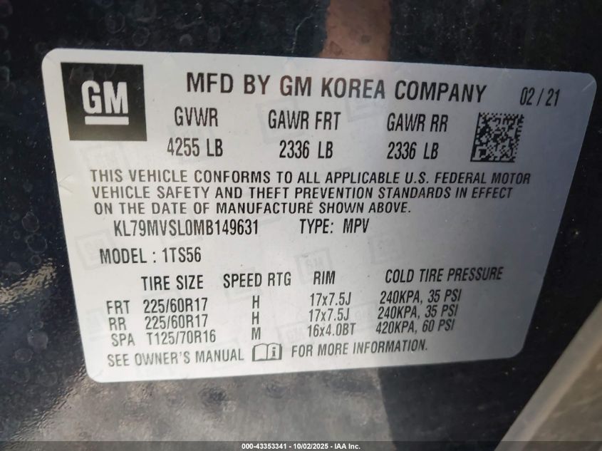 2021 Chevrolet Trailblazer Fwd Activ VIN: KL79MVSL0MB149631 Lot: 43353341