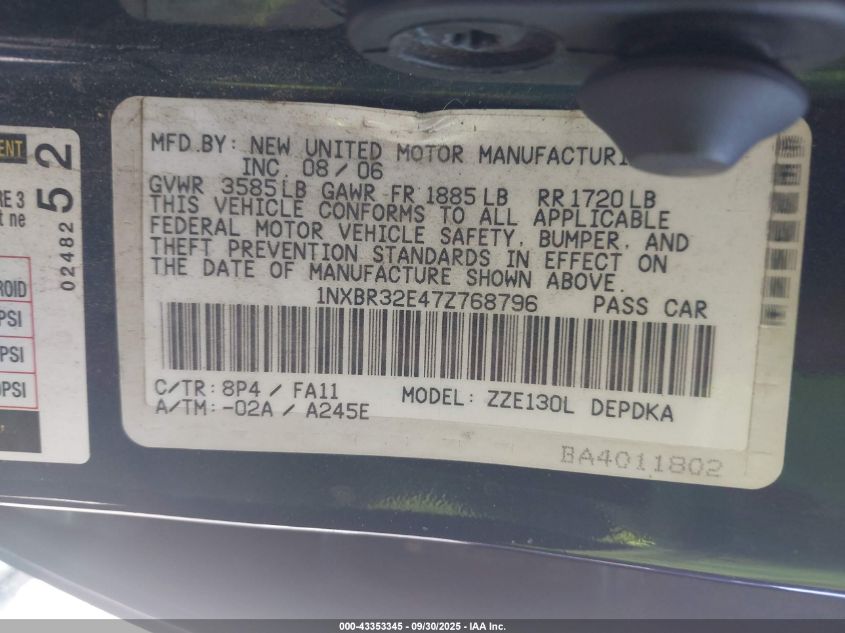 2007 Toyota Corolla Ce VIN: 1NXBR32E47Z768796 Lot: 43353345