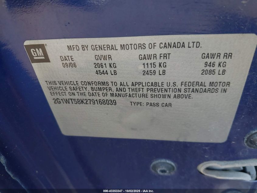 2007 Chevrolet Impala Lt VIN: 2G1WT58K279168039 Lot: 43353347