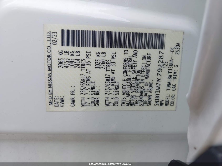 2023 Nissan Rogue S Fwd VIN: 5N1BT3AA7PC792287 Lot: 43353348