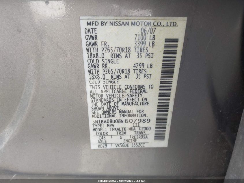 2008 Nissan Armada Se VIN: 5N1BA08D08N607989 Lot: 43353352