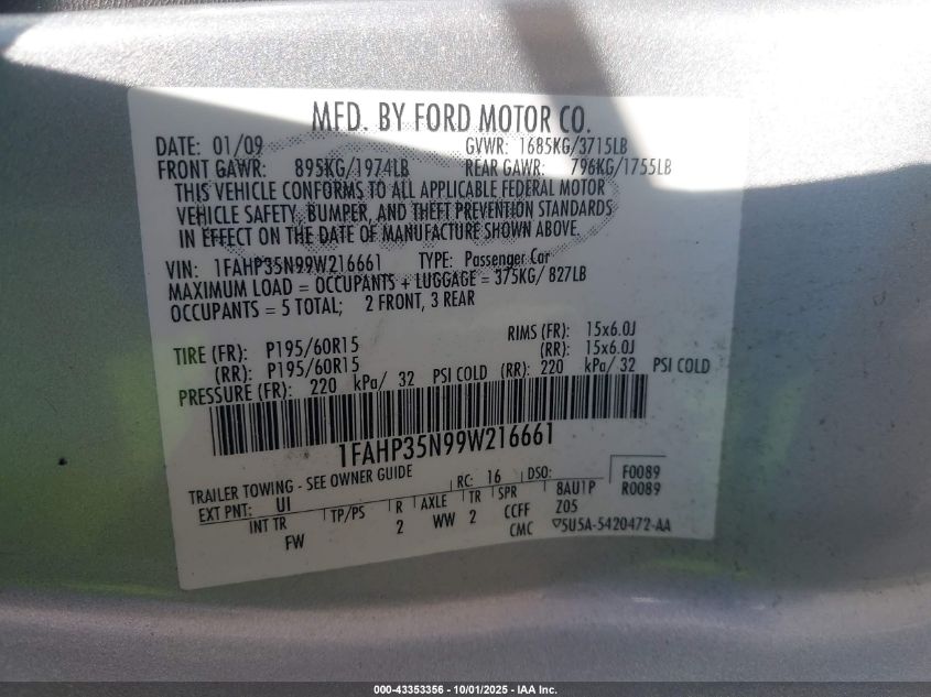 2009 Ford Focus Se VIN: 1FAHP35N99W216661 Lot: 43353356