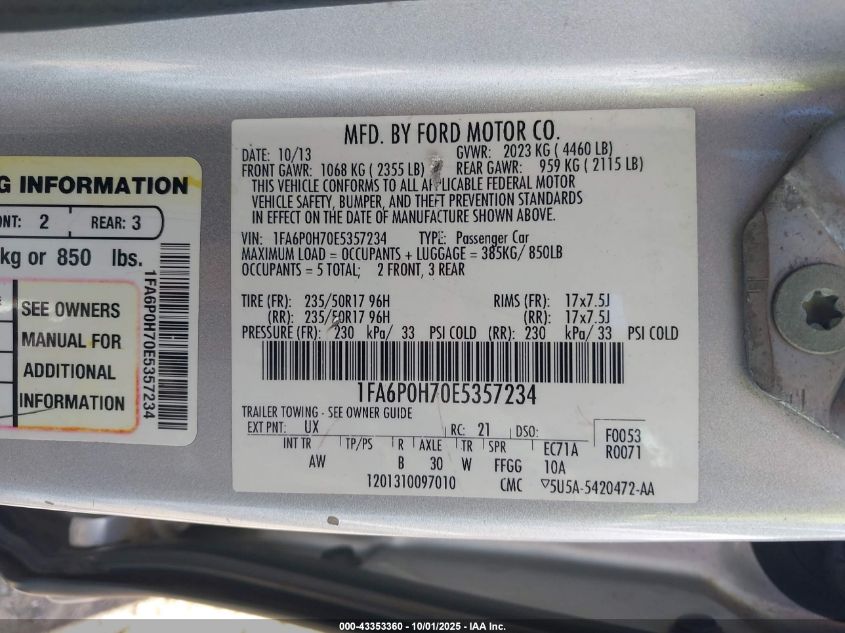 2014 Ford Fusion Se VIN: 1FA6P0H70E5357234 Lot: 43353360