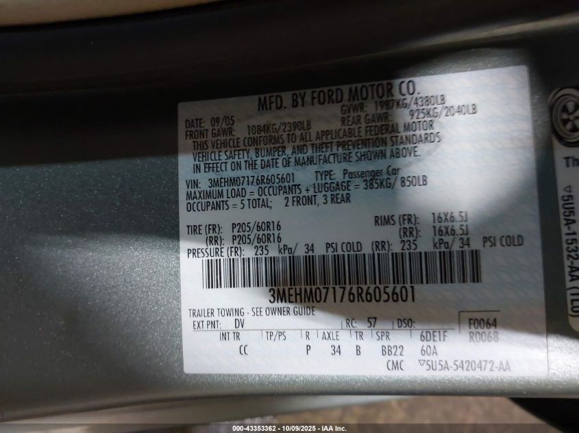 2006 Mercury Milan V6 VIN: 3MEHM07176R605601 Lot: 43353362