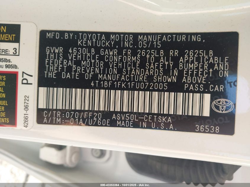 2015 Toyota Camry Se VIN: 4T1BF1FK1FU072005 Lot: 43353364