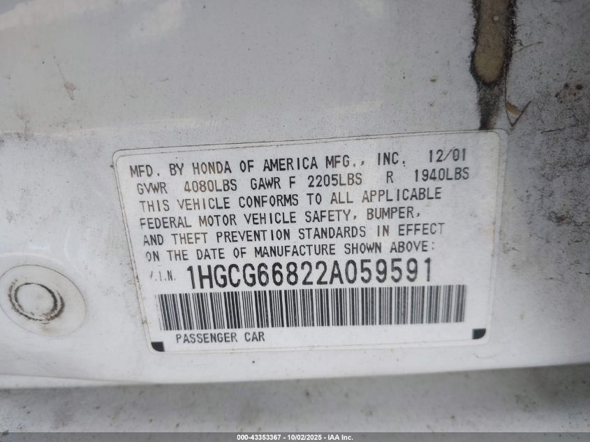 2002 Honda Accord 2.3 Ex/2.3 Se VIN: 1HGCG66822A059591 Lot: 43353367