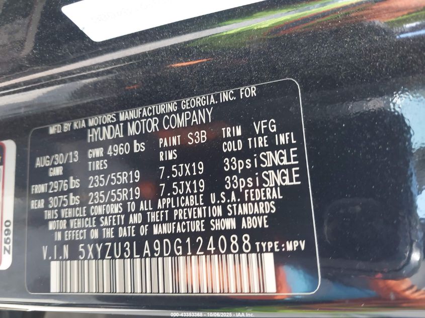 2013 Hyundai Santa Fe Sport 2.0T VIN: 5XYZU3LA9DG124088 Lot: 43353368