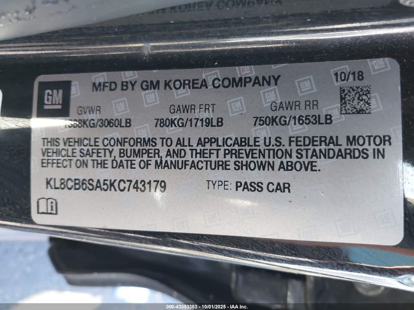 2019 Chevrolet Spark Ls Cvt VIN: KL8CB6SA5KC743179 Lot: 43353383