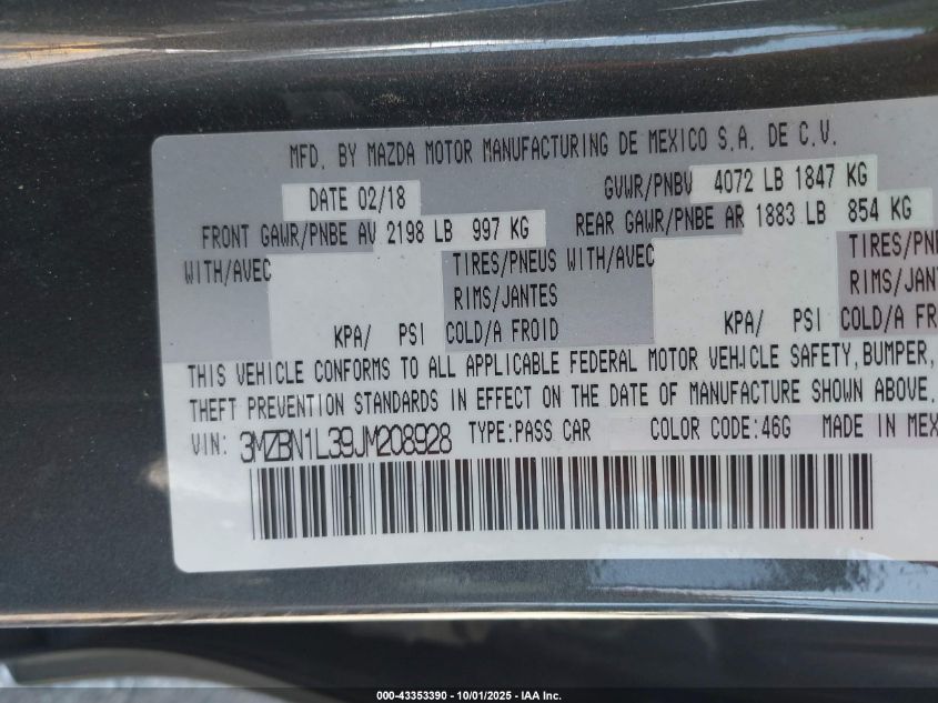 2018 Mazda Mazda3 Touring VIN: 3MZBN1L39JM208928 Lot: 43353390