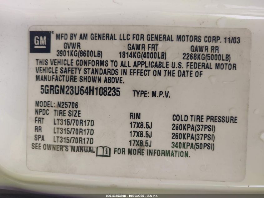 2004 Hummer H2 VIN: 5GRGN23U64H108235 Lot: 43353398