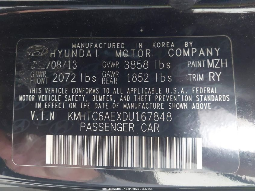 2013 Hyundai Veloster Turbo W/Blue VIN: KMHTC6AEXDU167848 Lot: 43353403