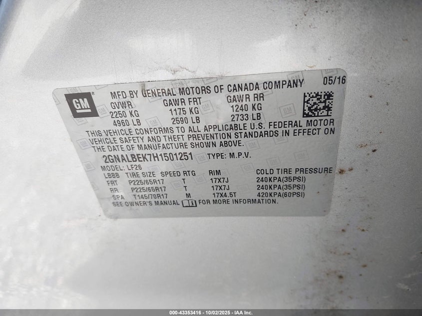 2017 Chevrolet Equinox Ls VIN: 2GNALBEK7H1501251 Lot: 43353416