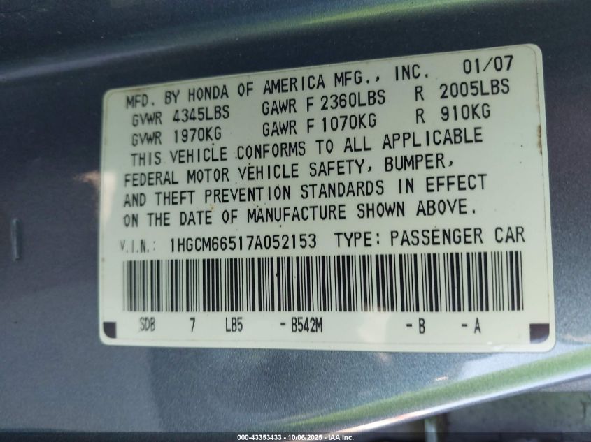 2007 Honda Accord 3.0 Ex VIN: 1HGCM66517A052153 Lot: 43353433