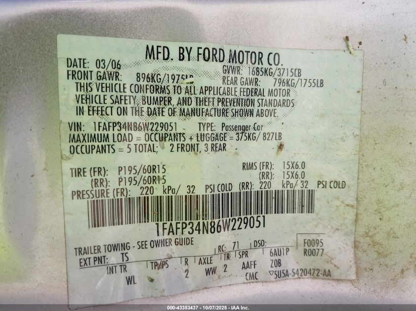 2006 Ford Focus Zx4 VIN: 1FAFP34N86W229051 Lot: 43353437