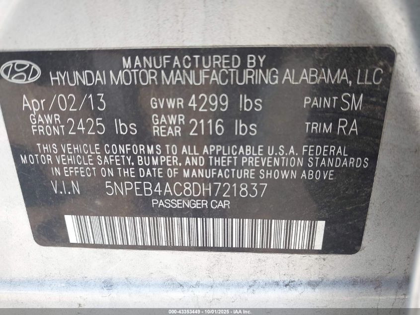 2013 Hyundai Sonata Gls VIN: 5NPEB4AC8DH721837 Lot: 43353449